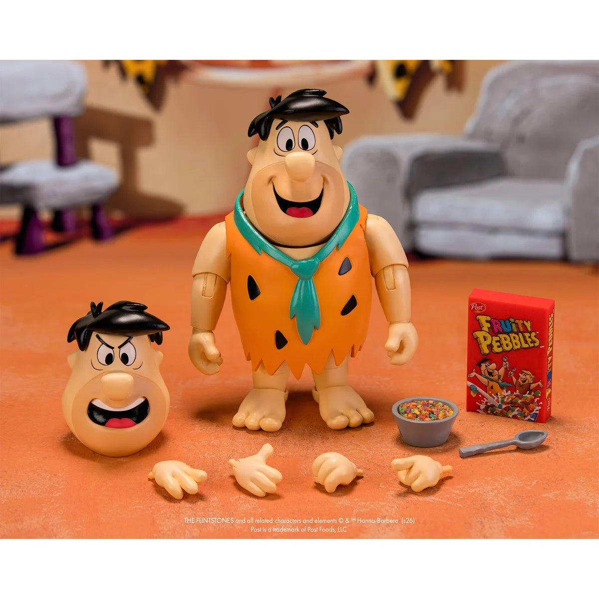 Fred Flintstone 1:12 Scale Action Figure - Premium Articulated Fruity Pebbles by Jada Toys with extra hands and cereal accessories new in box