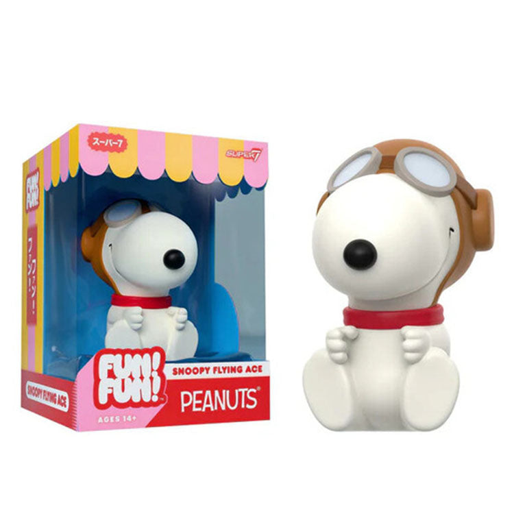 Funko Peanuts Flying Ace Snoopy vinyl figure with pilot goggles and scarf in packaging and outside display