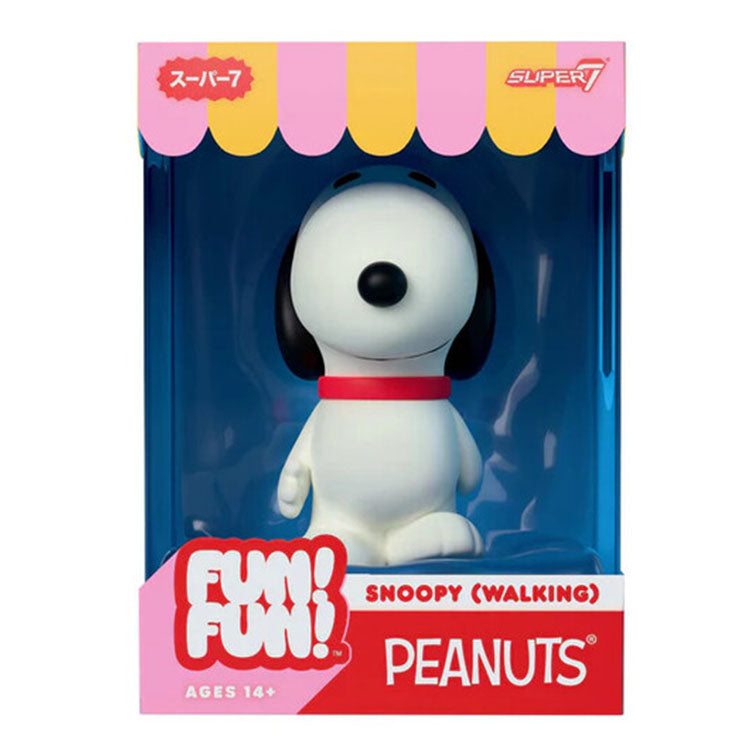 Super7 Funko Peanuts Snoopy Walking vinyl figure in collectible window box, 5 inches tall.