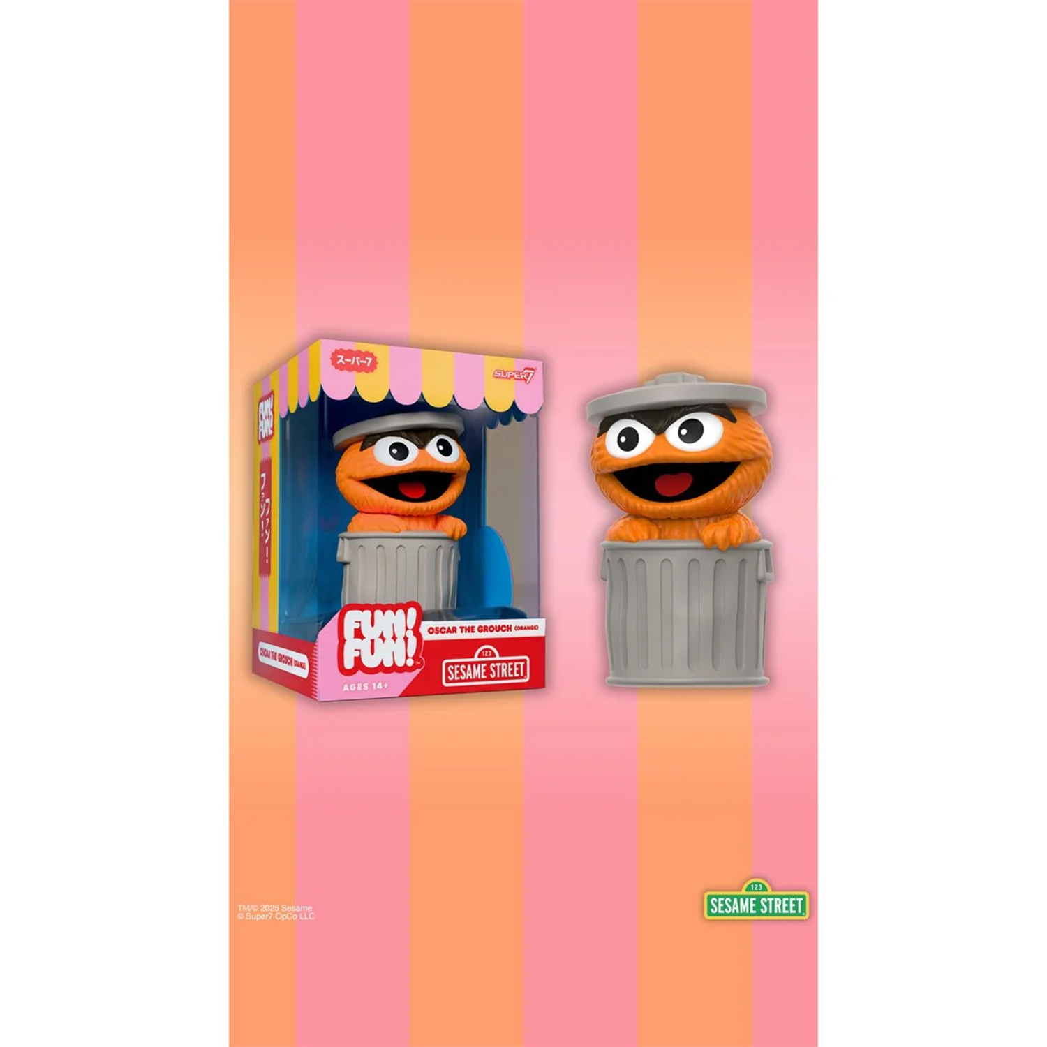 Sesame Street Oscar the Grouch (Orange) FUN! FUN! Vinyl Figure in trash can with removable lid and packaging box