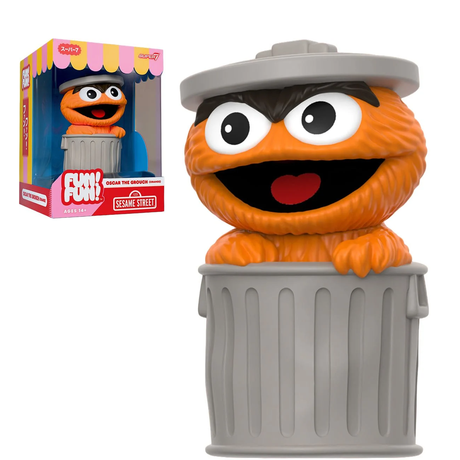 Sesame Street Oscar the Grouch (Orange) FUN! FUN! Vinyl Figure sitting in a gray trash can collectible toy