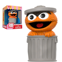 Sesame Street Oscar the Grouch (Orange) FUN! FUN! Vinyl Figure sitting in a gray trash can collectible toy