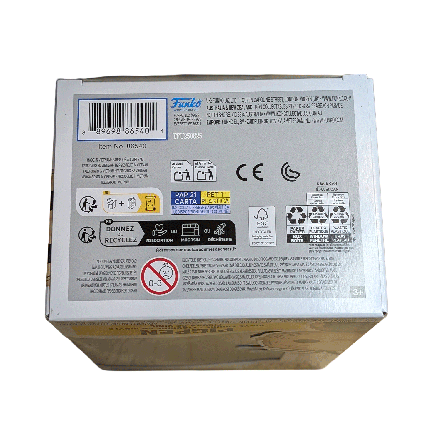 Back view of Funko Peanuts Pigpen Funko Pop! vinyl figure box featuring packaging symbols and legal information