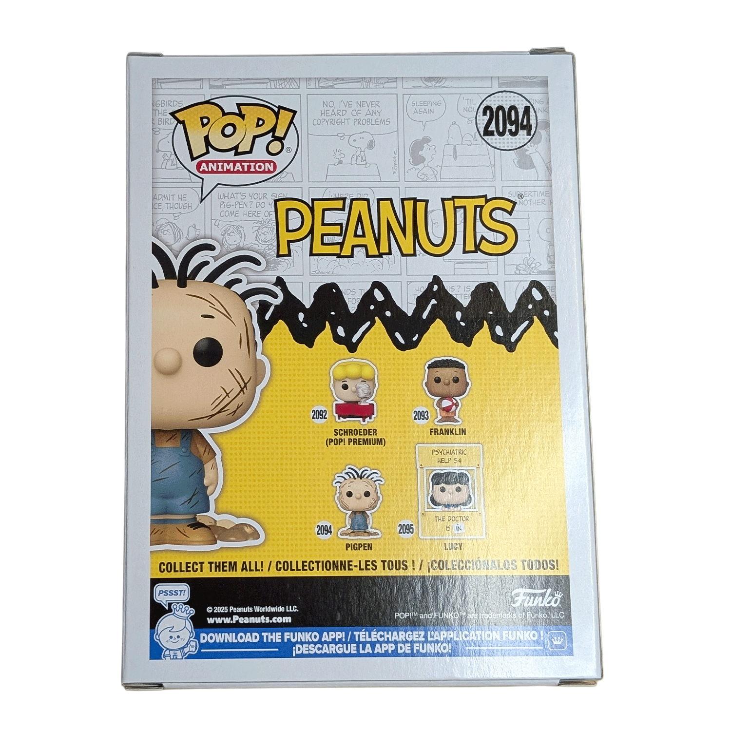 Funko Pop Peanuts Pigpen vinyl figure #2094 displayed in original box with character lineup on back panel