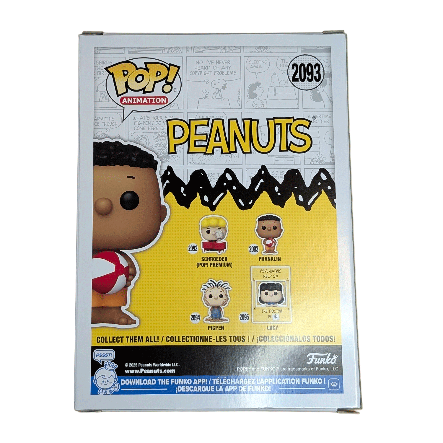Funko Pop! Peanuts Franklin figure box back showing character lineup and comic strip background design