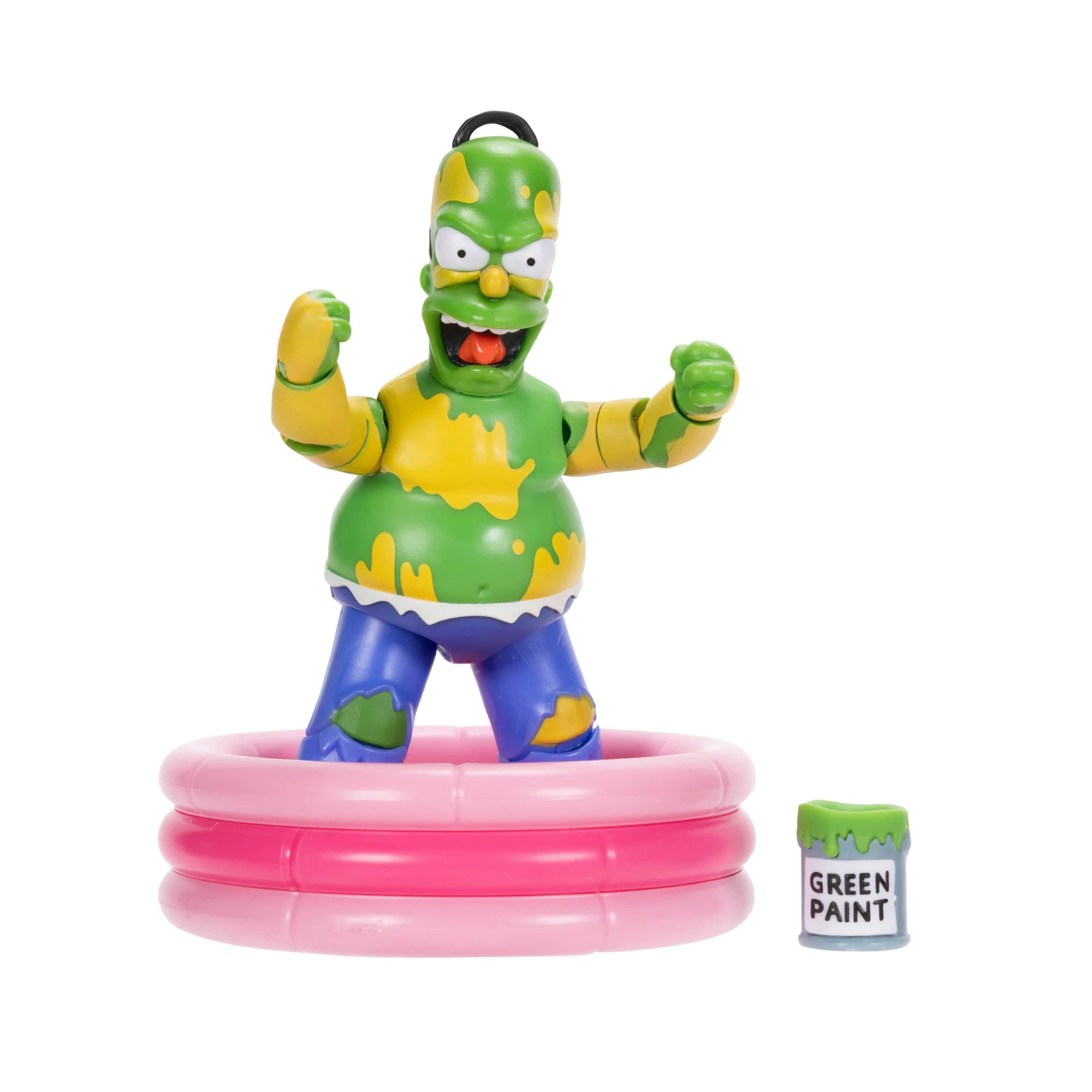 Colorful green and yellow character figure standing in a small pink pool next to a can of green paint