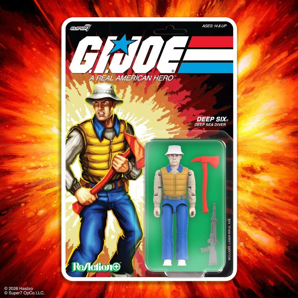 Deep Six GI Joe Comic ReAction Plus 3 3/4-Inch Action Figure by Super7 in blister pack with axe and rifle accessories.