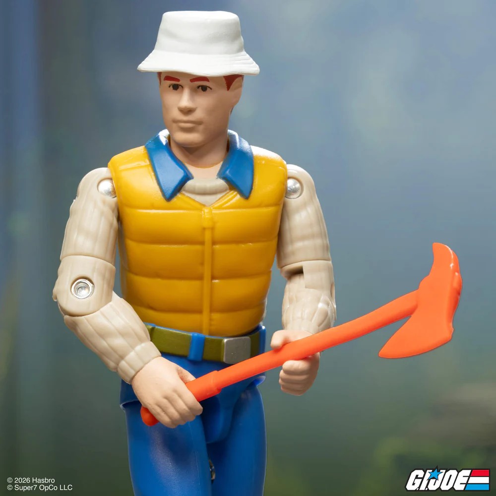 Deep Six GI Joe Comic ReAction Plus 3 3/4-Inch Action Figure by Super7 holding an orange tool with a hat and yellow vest.