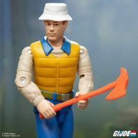 Deep Six GI Joe Comic ReAction Plus 3 3/4-Inch Action Figure by Super7 holding an orange tool with a hat and yellow vest.