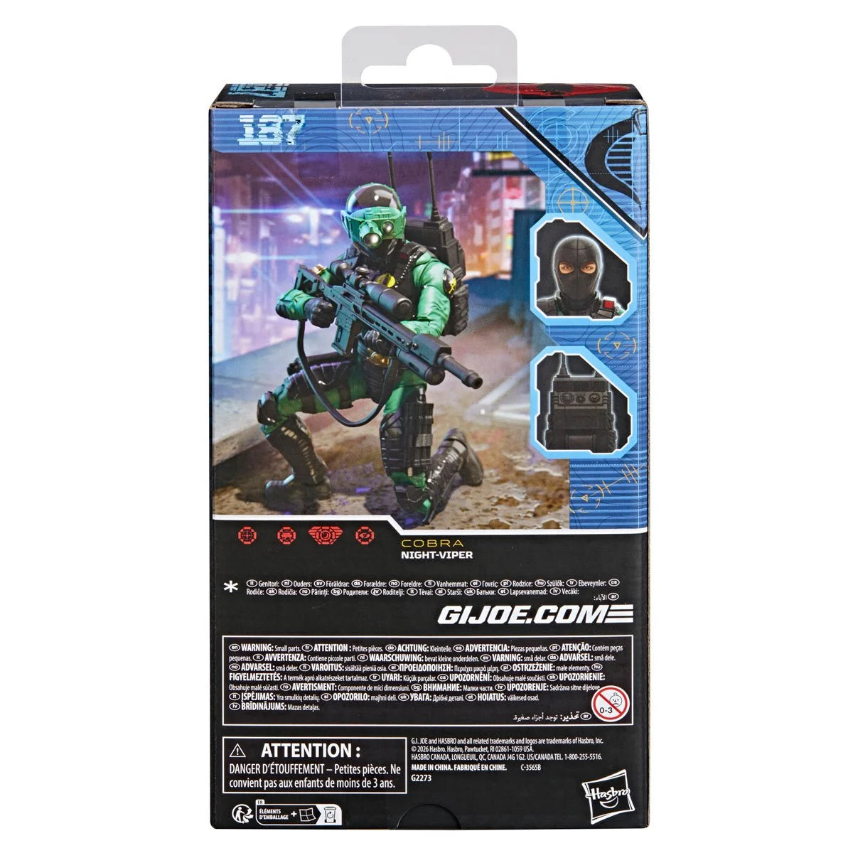 Night-Viper "187" G.I. Joe Classified Series 6 inch COBRA Action Figure packaging by Hasbro with figure image and accessories details.