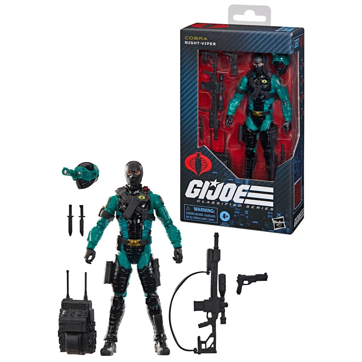 Night-Viper "187" G.I. Joe Classified Series 6 inch COBRA Action Figure by Hasbro with accessories in packaging and out.