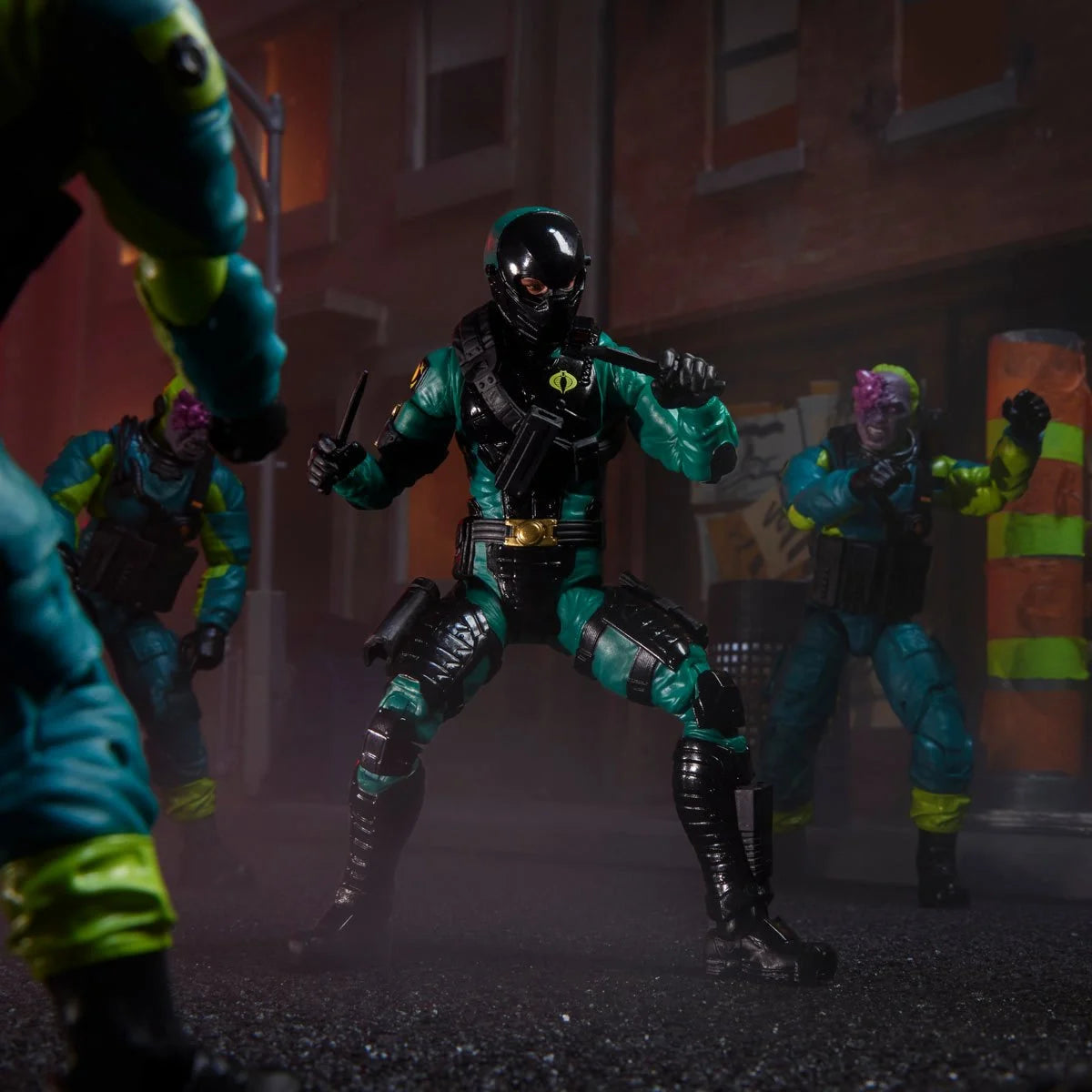 Night-Viper "187" G.I. Joe Classified Series 6 inch COBRA Action Figure by Hasbro posed in dark urban scene with enemies