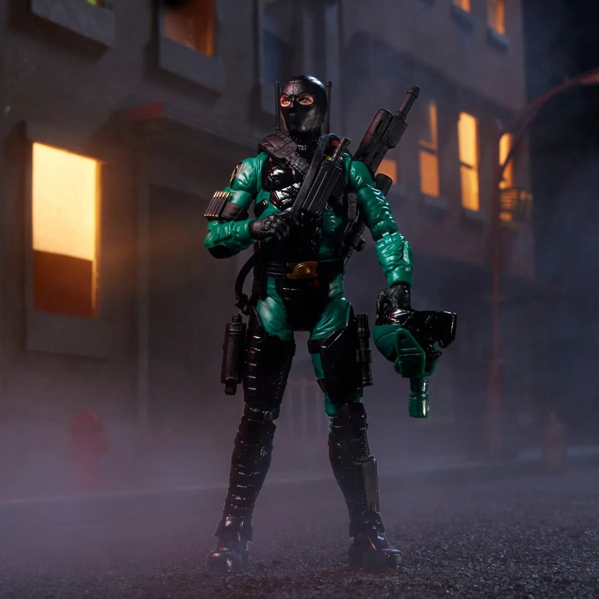 Night-Viper "187" G.I. Joe Classified Series 6 inch COBRA Action Figure by Hasbro posed in dark city street scene
