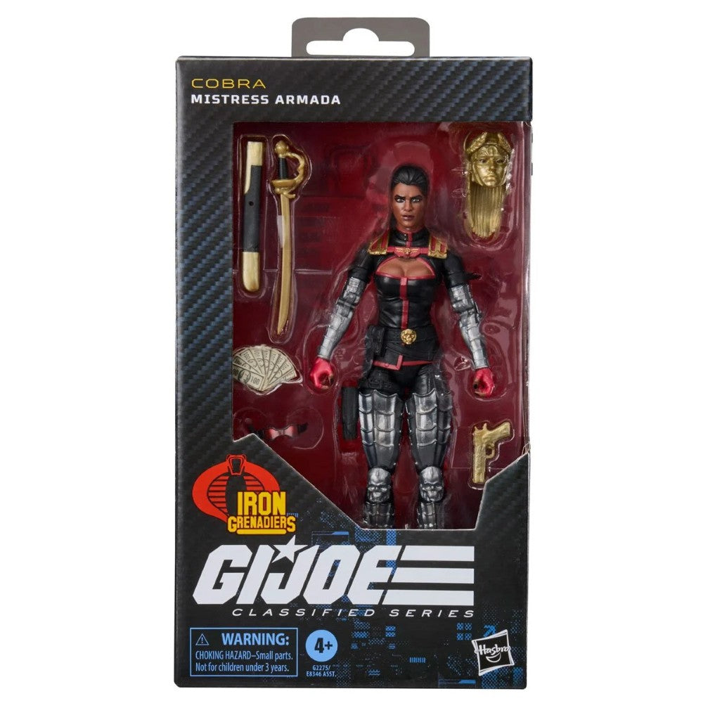 Boxed female military action figure with accessories in black and red GI Joe Classified Series packaging