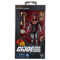 Boxed female military action figure with accessories in black and red GI Joe Classified Series packaging
