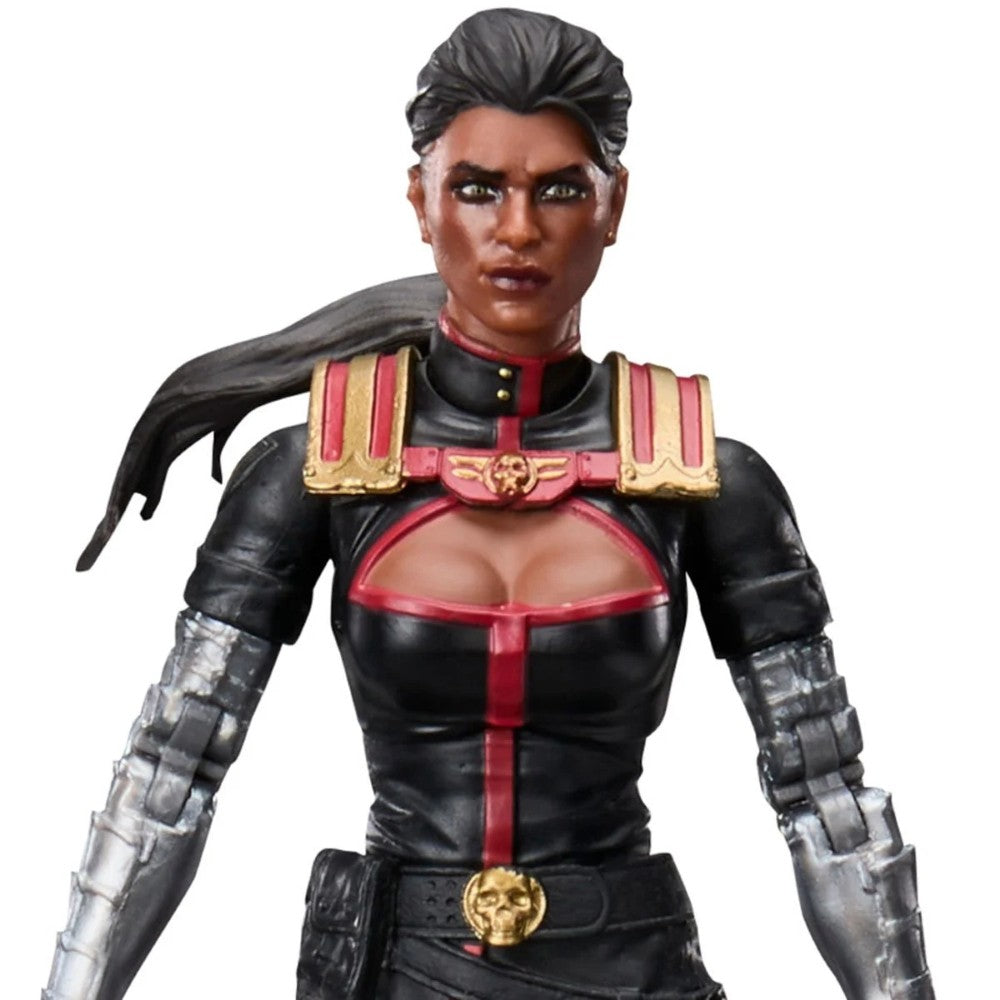 Female action figure in a black and red outfit with silver armored forearms and swept back dark hair