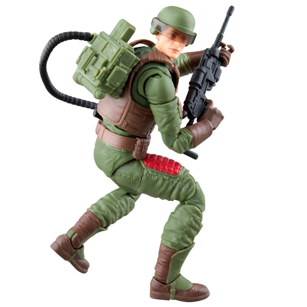 Green military action figure jumping with a rifle, backpack, helmet, and detailed combat gear on a white background