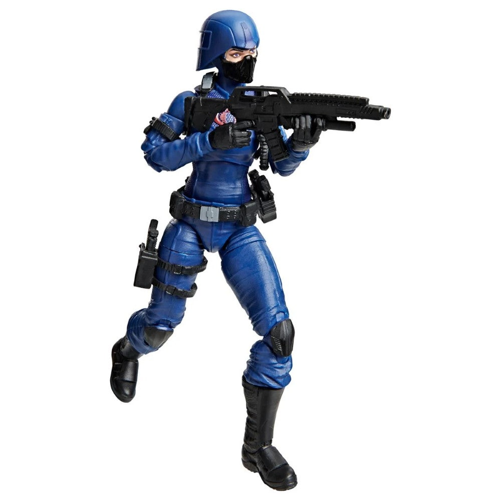 Blue masked action figure in tactical armor holding a rifle against a white background