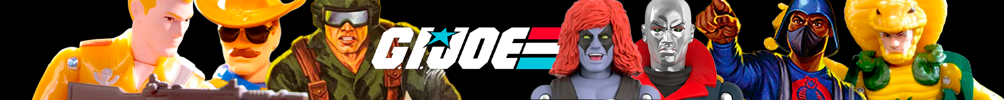 Collection of G.I. Joe action figures in colorful costumes lined up against white background