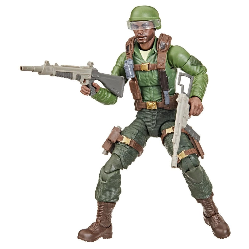 6-inch G.I. Joe Trooper action figure by Hasbro in green outfit holding two guns in dynamic pose on white background