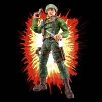 Hasbro G.I. Joe Classified Series 6-inch action figure in green uniform holding pistol and knife with explosion background