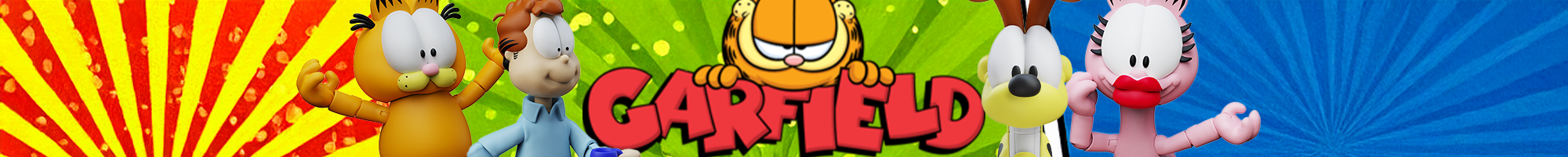 Garfield and friends standing against a colorful striped background with the Garfield logo centered above them