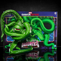 Marvel Legends Gamerverse Gargantos figure with bendable tentacles and animated eye posed in front of retro gaming style box by Hasbro