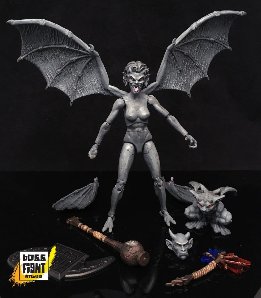 Action figure with bat-like wings and accessories on a dark background, featuring 'Boss Fight Studio' branding.