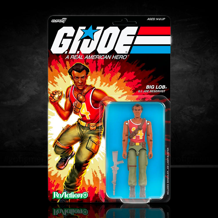 Hasbro G.I. Joe Big Lob 3.75-inch ReAction+ figure with bandolier and Joe Laser Blaster in retro packaging.