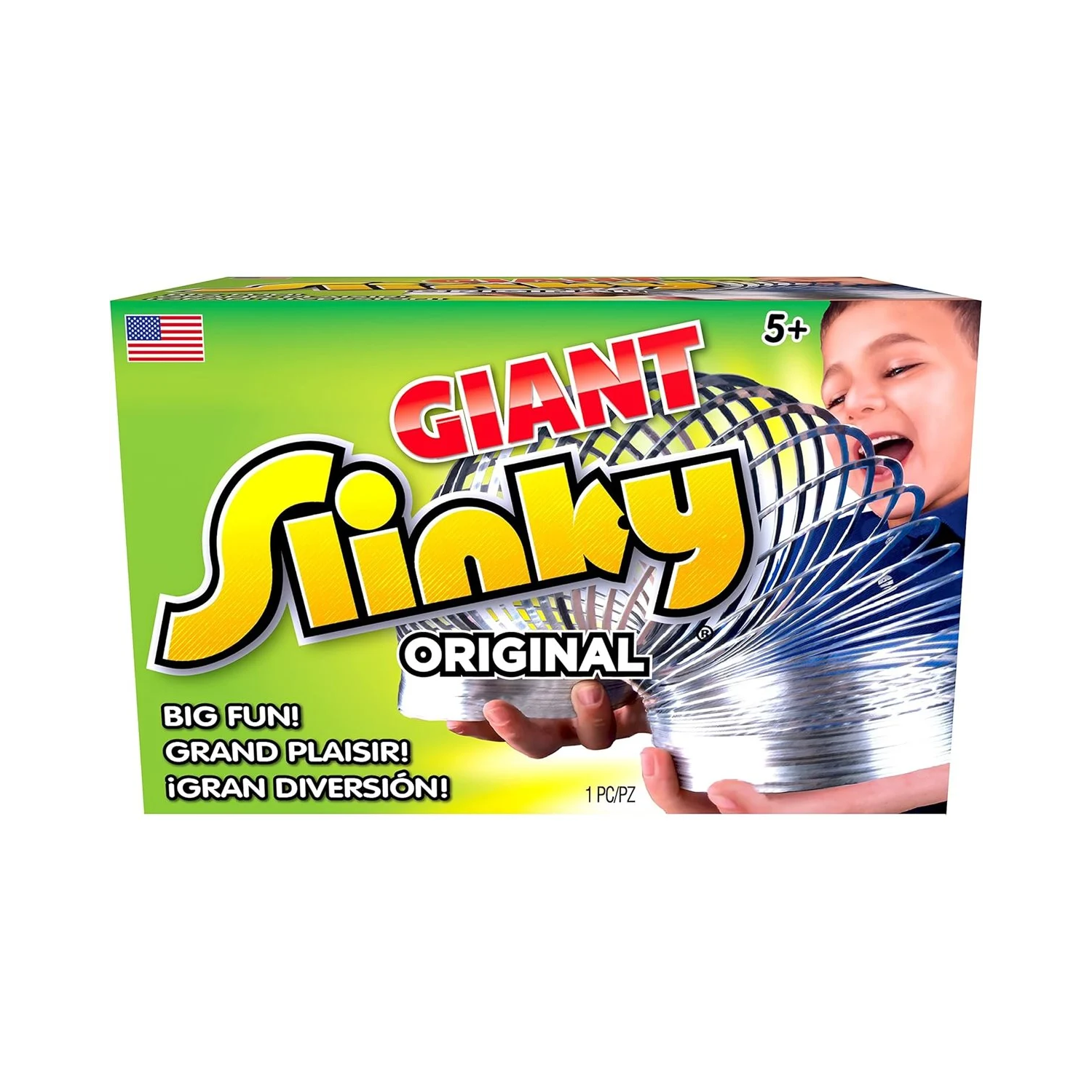Child playing with a large silver metal coil toy held stretched between both hands on bright green background packaging.
