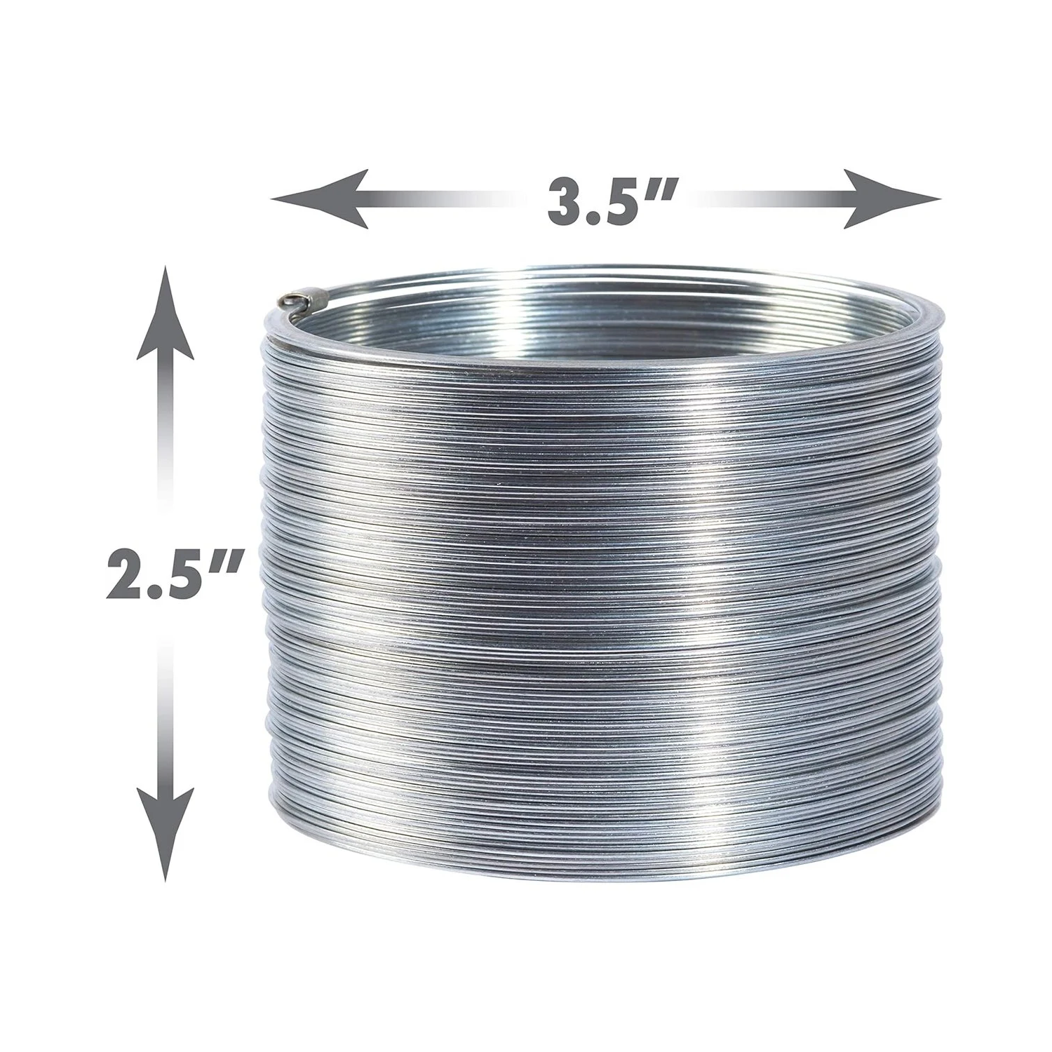 Coiled silver metal spring toy with arrows showing 3.5-inch diameter and 2.5-inch height measurements.