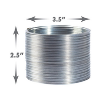 Coiled silver metal spring toy with arrows showing 3.5-inch diameter and 2.5-inch height measurements.