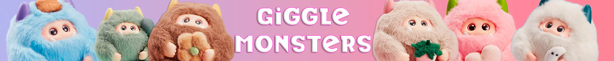 Row of colorful fluffy monster figures with varied horns and accessories against a soft purple background with text giggle monsters
