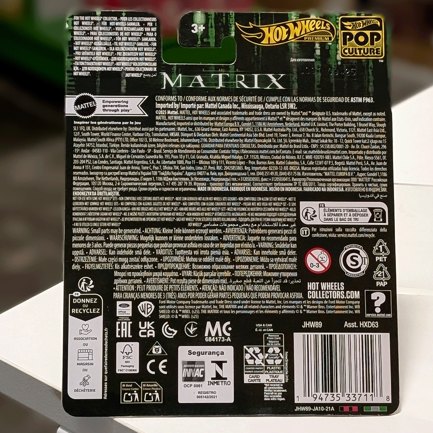 Mattel Hot Wheels The Matrix Pop Culture 2026 packaging back with safety info and barcode visible