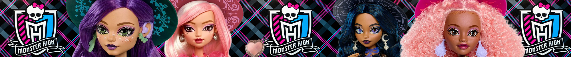 Four Monster High dolls with diverse hairstyles and outfits on a colorful glittery background with Monster High logos