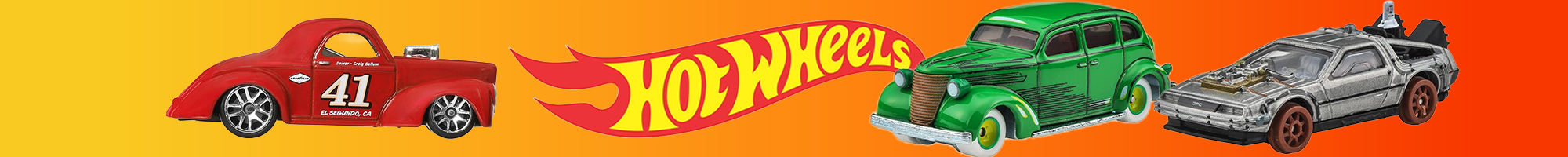 Three Hot Wheels toy cars including a red race car, green classic car, and silver futuristic car on orange background with Hot Wheels logo