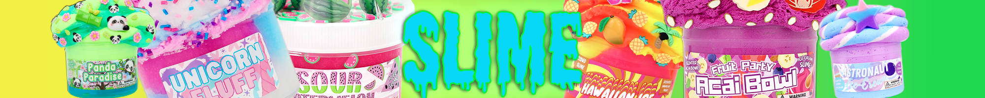 Colorful slime containers with various decorative labels and vibrant designs arranged side by side on white background