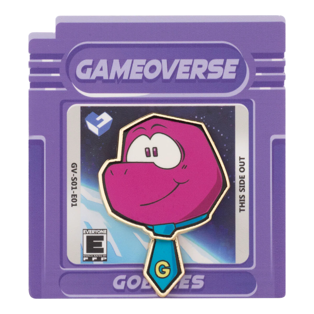 Gobbles Pin – Gameoverse Glitch Productions Enamel Collectible featuring pink character with blue tie on purple cartridge card new loose pin