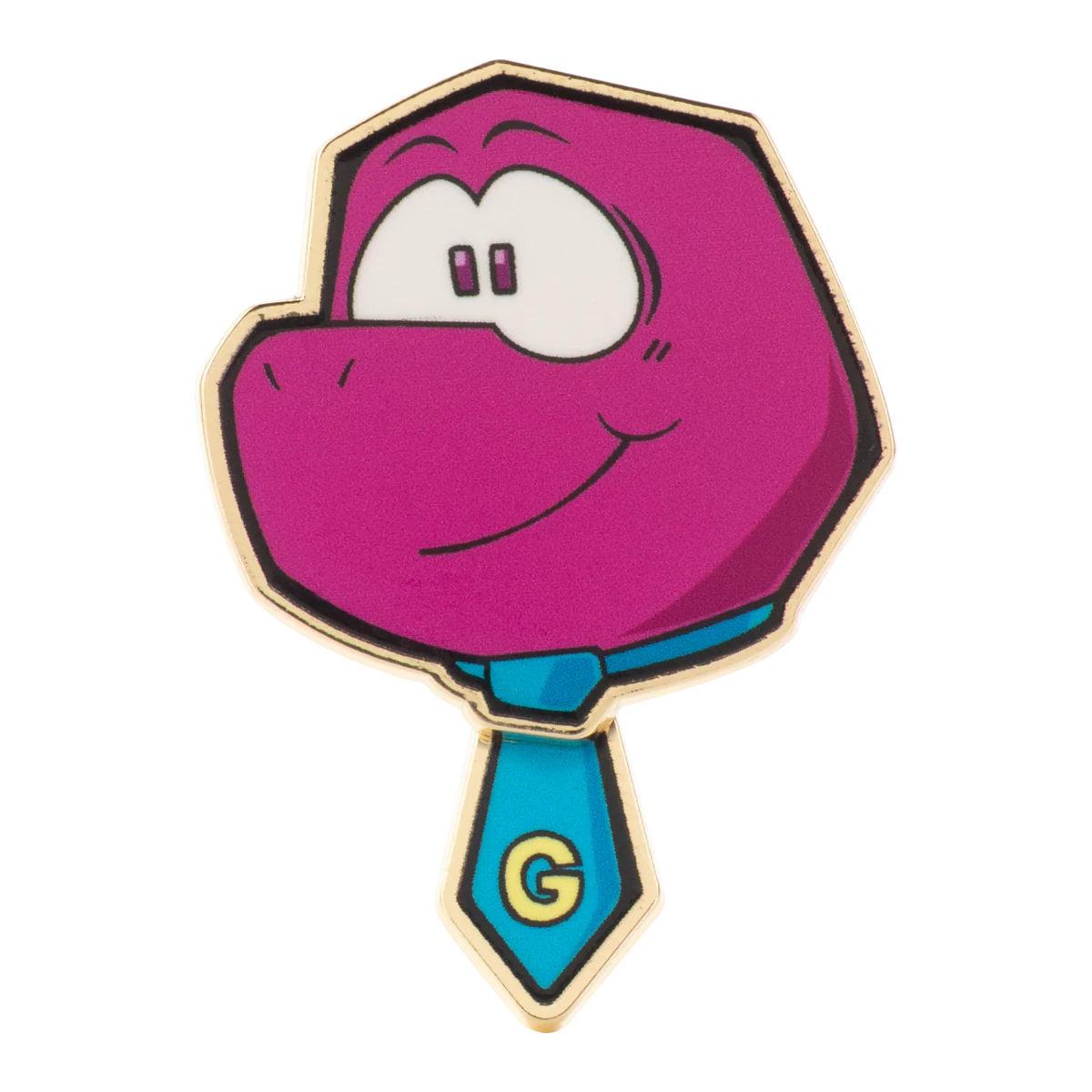 Gobbles Pin – Gameoverse Glitch Productions Enamel Collectible featuring purple character head with blue tie and yellow letter G by Glitch new loose