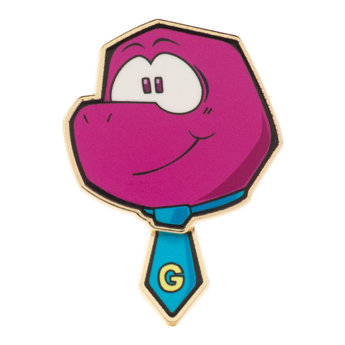 Gobbles Pin – Gameoverse Glitch Productions Enamel Collectible featuring purple character head with blue tie and yellow letter G by Glitch new loose