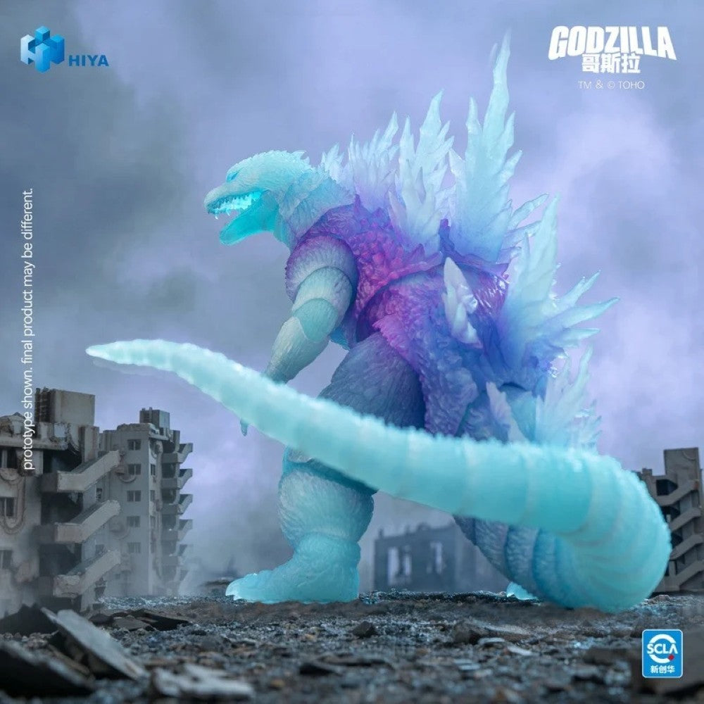 Godzilla 7" Hiya Toys Action Figure Exquisite Basic Godzilla 2000 Infrared AE, blue Godzilla figure amid city ruins