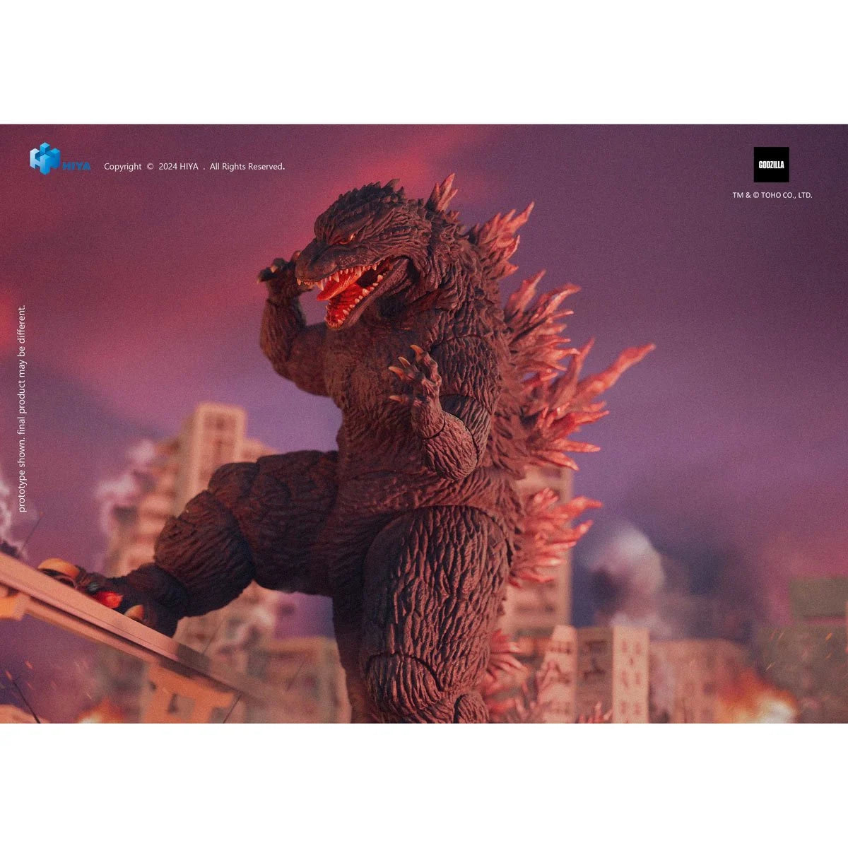 Godzilla 2000 Millennium Exquisite Basic Godzilla Action Figure - Previews Exclusive by Exquisite posed in city scene with fiery background