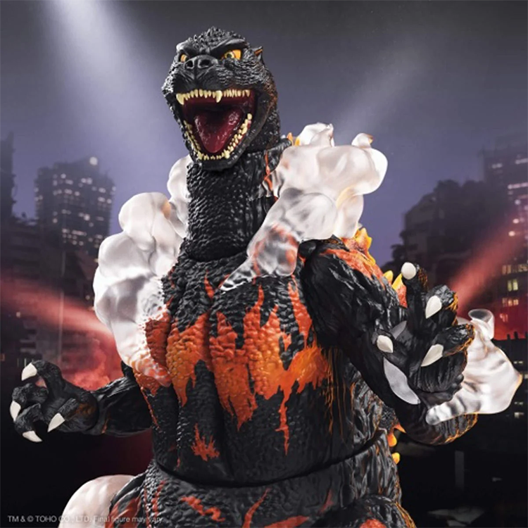 Burning Godzilla Heisei Super7 Ultimates 8-Inch Action Figure with roaring pose and smoke effects