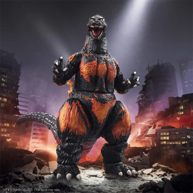 Burning Godzilla Heisei Super7 Ultimates 8-Inch Action Figure by Super7 amid a destroyed cityscape