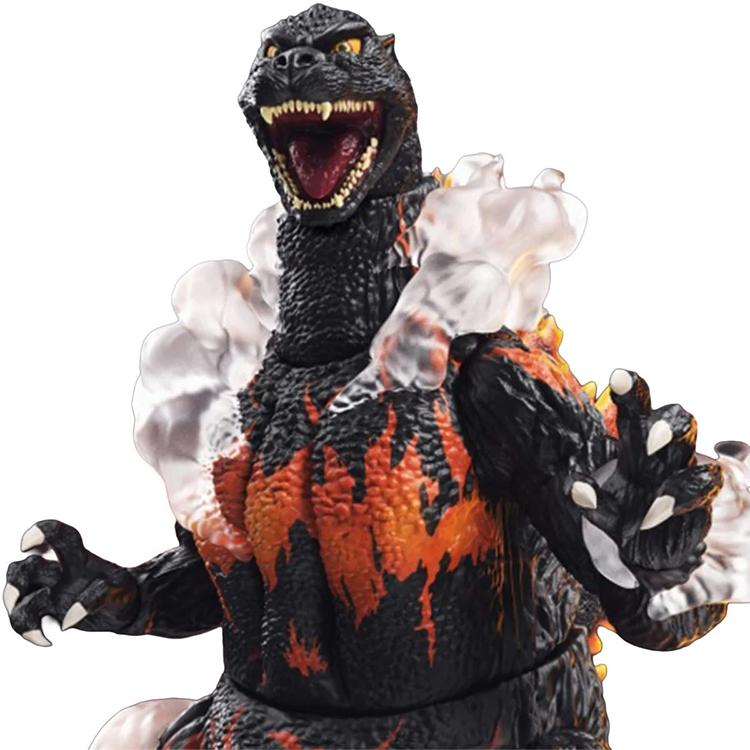 Burning Godzilla Heisei Super7 Ultimates 8-Inch Action Figure roaring with smoke effects and raised claws