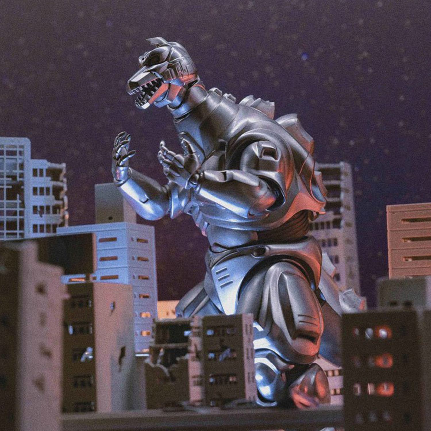 Silver metallic robotic dinosaur figure standing amidst miniature cityscape buildings under a starry night sky.