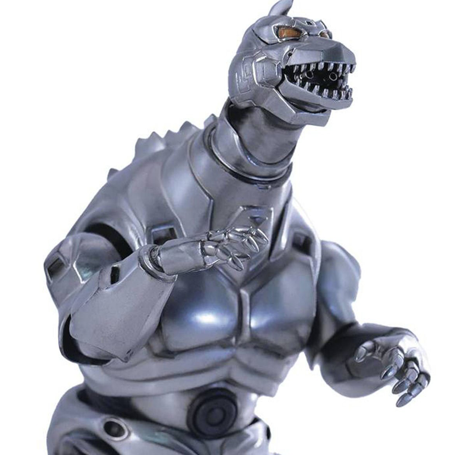 Silver metallic robotic dinosaur figure with articulated claws and an open mouth against a white background