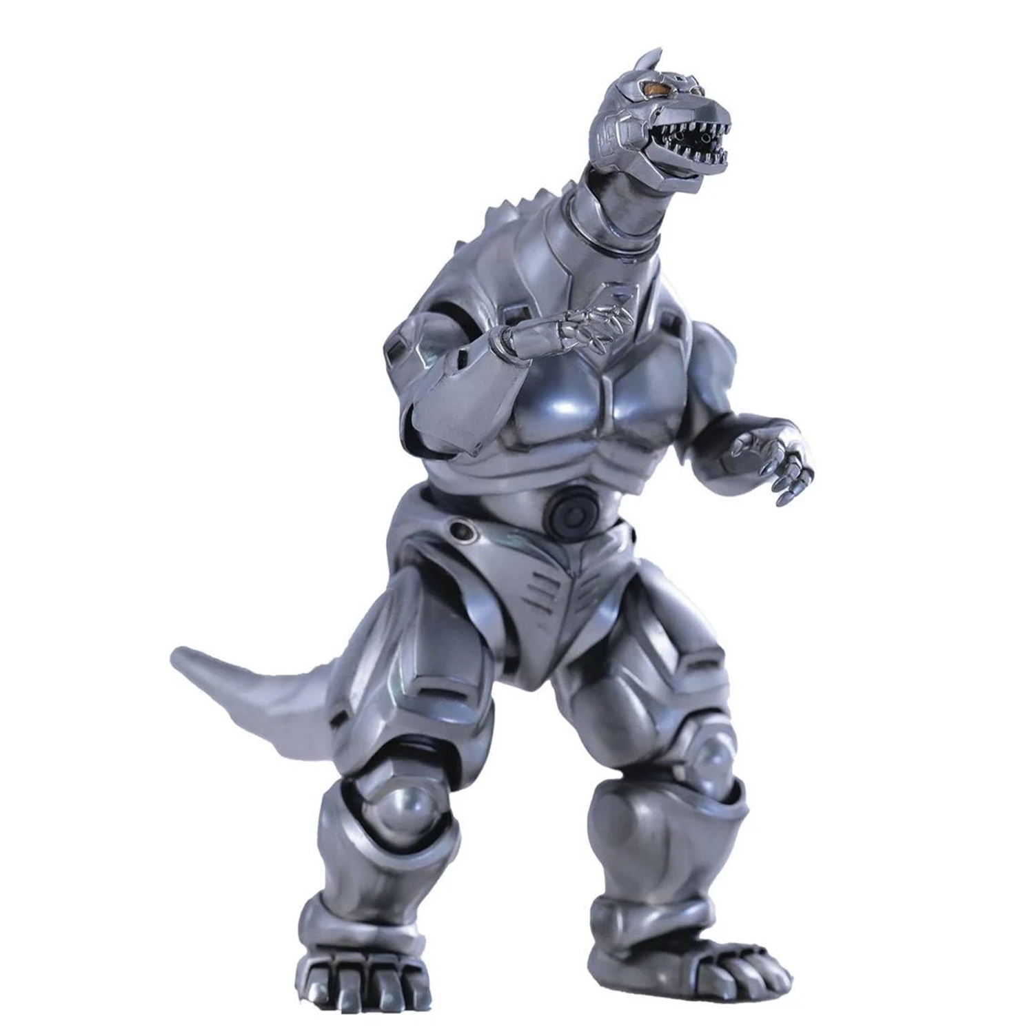 Articulated metallic robot dinosaur figure with sharp teeth and a segmented tail posed on white background.