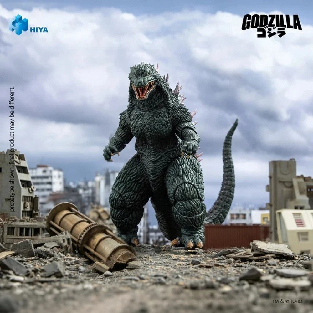 Godzilla 7" Hiya Toys Action Figure Exquisite Basic Godzilla vs Megaguirus 2000 standing on rubble in a cityscape