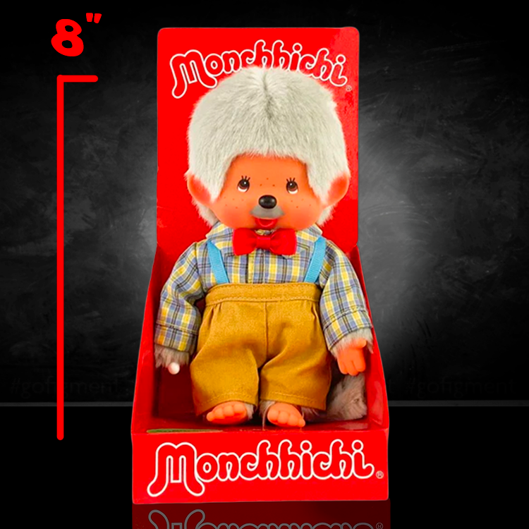 Sekiguchi Monchhichi Grandpa 8 inch plush toy in packaging with grey hair and yellow outfit